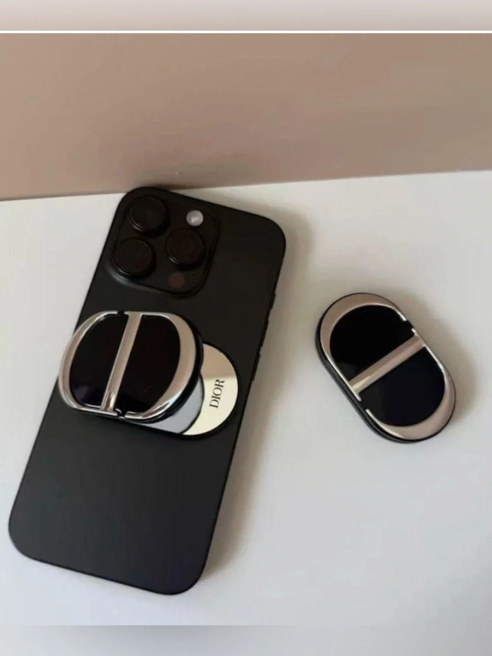 Dior Black and Silver Foldable Phone Ring Grip mirror